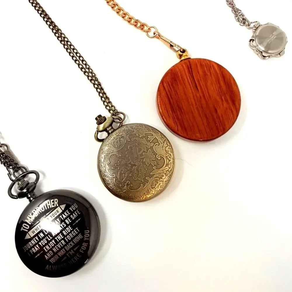 Lot 4 Pocket Watch Locket Pendant Necklaces Silver Gold Tone Wood Repousse